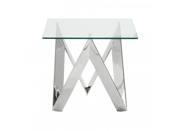 Scarlett Contemporary Square End Table in Polished Steel Finish with Tempered Glass Top - White BG