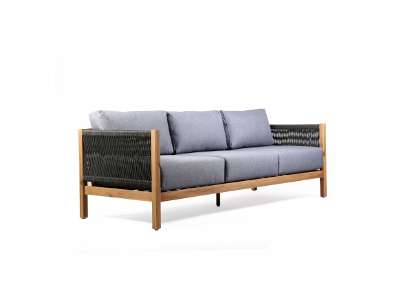 Sienna Outdoor Patio Sofa in Acacia Wood with Teak Finish and Gray Fabric - Angled