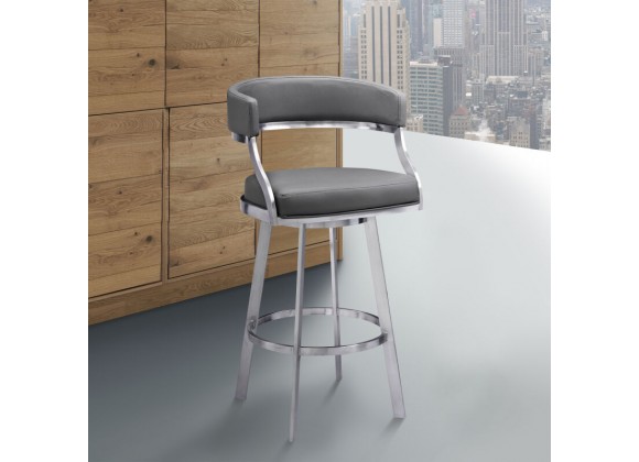 Armen Living Saturn Swivel Grey Faux Leather and Brushed Stainless Steel Bar Stool