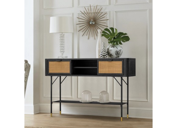 Armen Living Saratoga Console Table in Black Acacia with Rattan