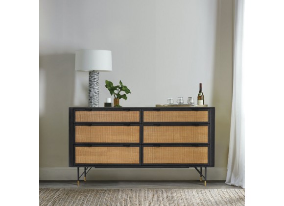 Armen Living Saratoga 6 Drawer Dresser in Black Acacia with Rattan-