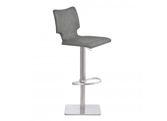 Sydney Adjustable Barstool in Brushed Stainless Steel with Vintage Grey Faux Leather and Grey Walnut Wood Back - Angled