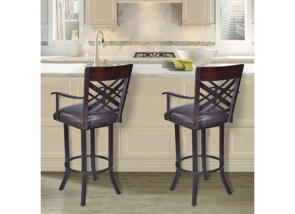 Armen Living Tahiti Arm Barstool in Auburn Bay finish with Brown Pu upholstery