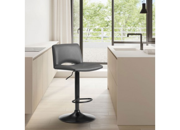 Armen Living Thierry Adjustable Swivel Gray Faux Leather and Black Metal Bar Stool