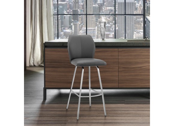 Armen Living Gray Tandy Faux Leather and Brushed Stainless Steel 30" Bar Stool