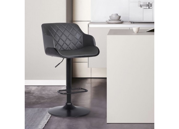 Armen Living Toby Grey Faux Leather Adjustable Height Swivel Black Wood and Metal Bar Stool