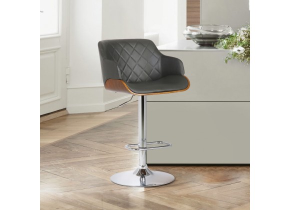Armen Living Toby Gray Faux Leather Adjustable Height Swivel Walnut Wood and Chrome Bar Stool