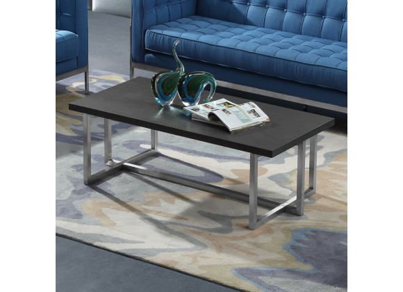 Armen Living Topaz Contemporary Rectangular Coffee Table in Brushed Stainless Steel with Grey Wood Top - Lifestyle