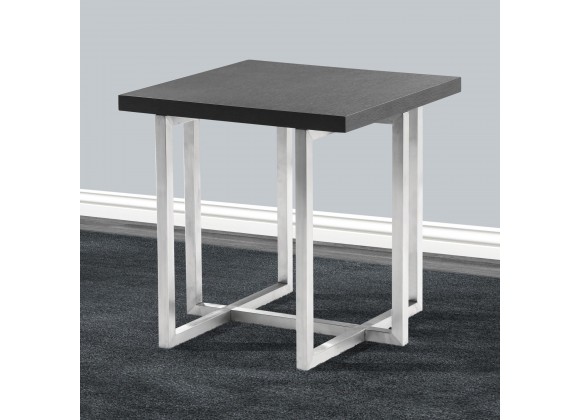 Topaz Contemporary End Table in Brushed Stainless Steel Finish with Grey Veneer Wood Top - Lifestyle