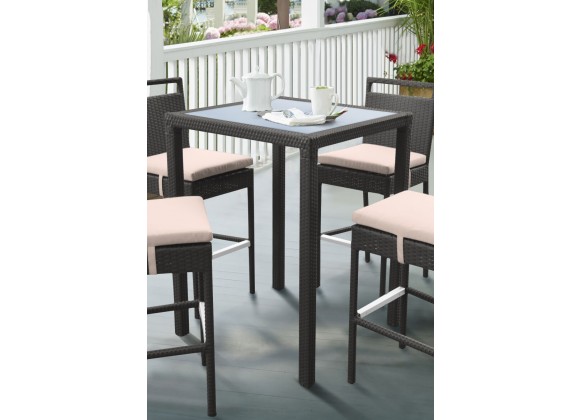 Armen Living Tropez Outdoor Patio Wicker Bar Table With Black Glass Top