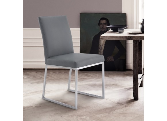 Trevor Contemporary Dining Chair in Brushed Stainless Steel and Grey Faux Leather - Set of 2