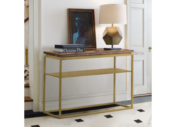 Armen Living Faye Rustic Brown Wood Console Table with Shelf and Antique Brass Metal Base