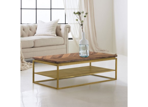 Armen Living Faye Rustic Brown Wood Coffee Table with Shelf and Antique Brass Metal Base