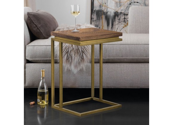 Armen Living Faye Rustic Brown Wood C-Shape End table with Antique Brass Base