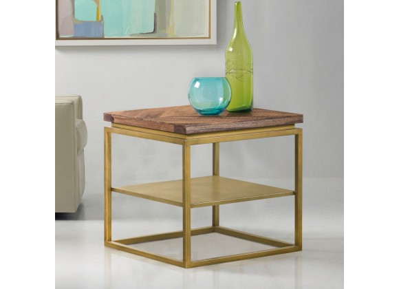 Armen Living Faye Rustic Brown Wood Side table with Shelf and Antique Brass Base