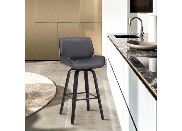 Armen Living Tyler Swivel Grey Faux Leather and Black Wood Bar Stool