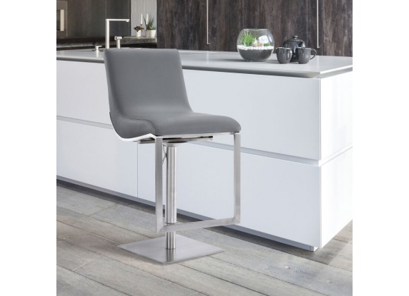 Armen Living Victory Contemporary Swivel Barstool in Brushed Stainless Steel and Gray Faux Leather