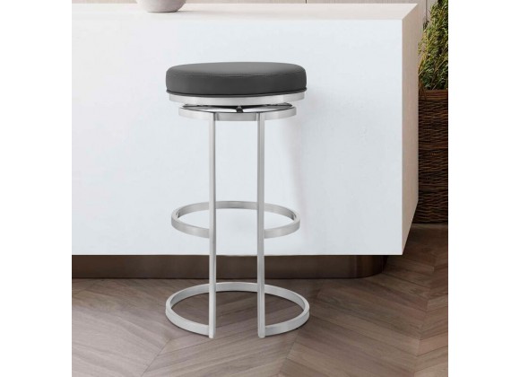 Armen Living Vander Gray Faux Leather and Brushed Stainless Steel Swivel Bar Stool