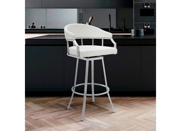 Armen Living Valerie Swivel Modern White Faux Leather Bar and Counter Stool in Brushed Stainless Steel Finish