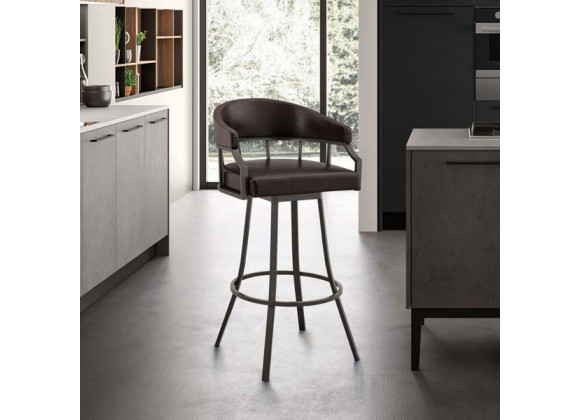 Armen Living Valerie Swivel Brown Faux Leather and Java Brown Metal Bar Stool