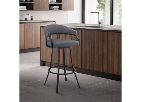 Armen Living Valerie Swivel Slate Grey Faux Leather and Black Metal Bar Stool