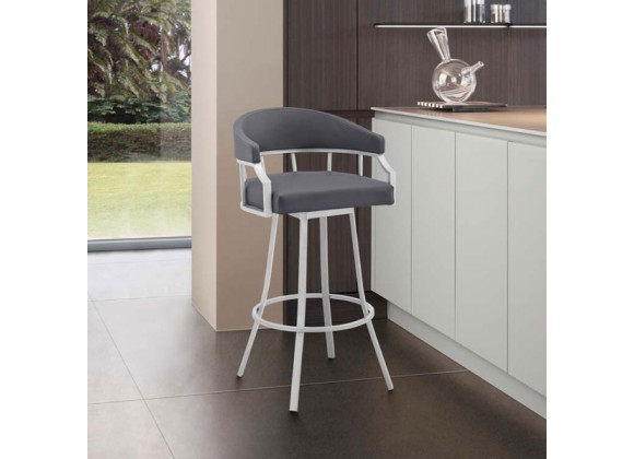 Armen Living Valerie Swivel Gray Faux Leather and Silver Metal Bar Stool