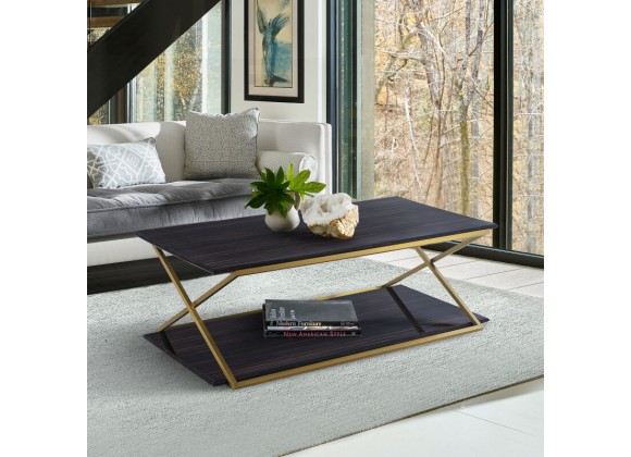 Armen Living Westlake Dark Brown Veneer Coffee Table with Brushed Gold Legs