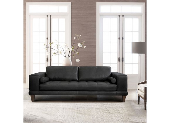Armen Living Wynne Contemporary Sofa in Genuine Black Leather with Brown Wood Legs - Lifestyle