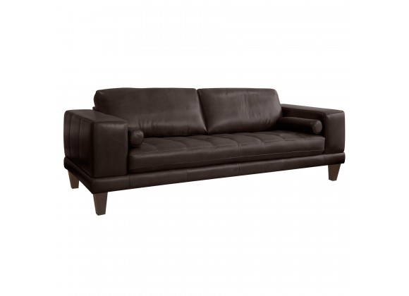 Wynne Contemporary Sofa in Genuine Espresso Leather with Brown Wood Legs - Angled