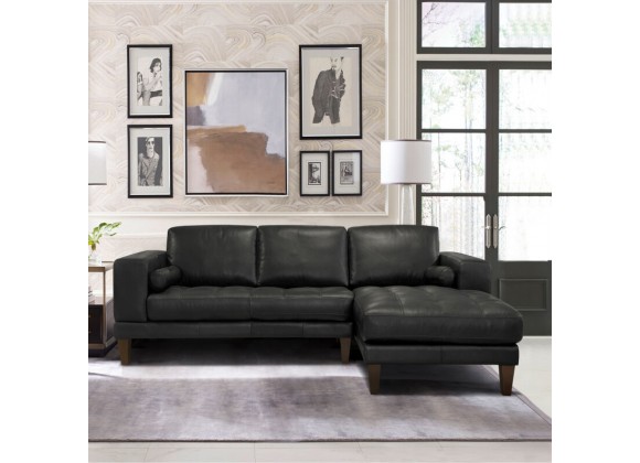Armen Living Wynne Contemporary Sectional in Genuine Black Leather with Brown Wood Legs