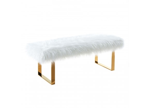 Zinna Contemporary Bench in White Fur and Gold Stainless Steel Finish - Angled