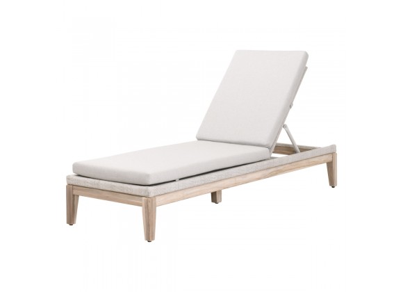 Essentials For Living Loom Outdoor Chaise Lounge - Taupe & White Flat Rope, Performance Pumice, Gray Teak - Reclined in Front Side Angle