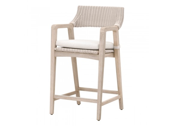 Essentials For Living Lucia Outdoor Counter Stool - Pure White Synthetic Wicker, Performance White Speckle, Gray Teak - Front Side Angle