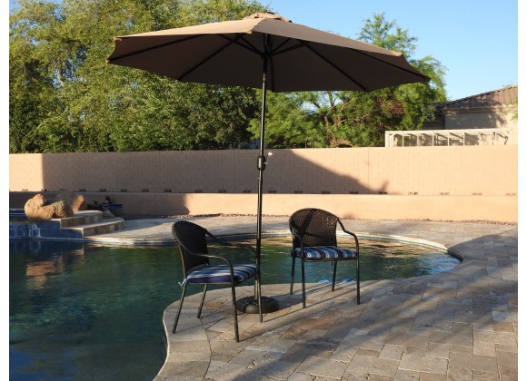 AZ Patio Heaters Solar Market Umbrella with LED Lights in Tan with Base - Lifestyle