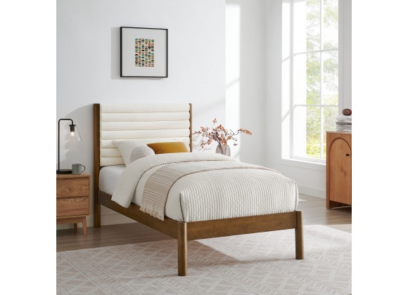 Modway Olea Channel Tufted Boucle Solid Wood Twin Platform Bed Walnut
