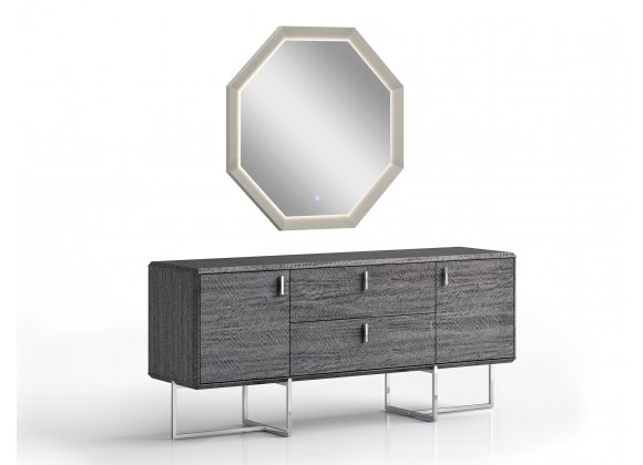 Whiteline Modern Living Chloe Hexagonal Mirror In High Gloss Grey With LED Light - Angled with Dresser