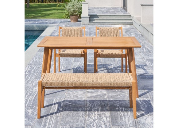 Vifah Chesapeake Honey 4-Piece Patio Acacia Wooden Mixed Strapped Rattan Dining Set with 2-Seater Bench, Front Angle