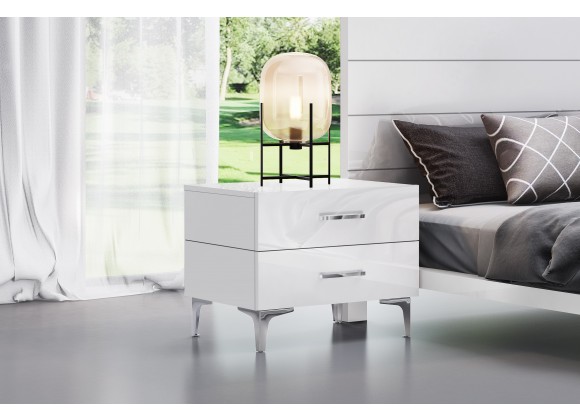Diva Night Stand High Gloss White Chrome Handles Self-close Drawers Stainless Steel Legs - Lifestyle