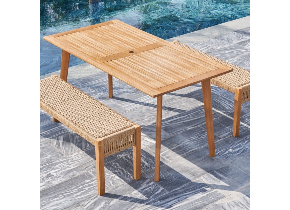 Vifah Chesapeake 3-Piece Patio Acacia Wooden Mixed Strapped Rattan Dining Set with 3-Seater Benches, Top Angle