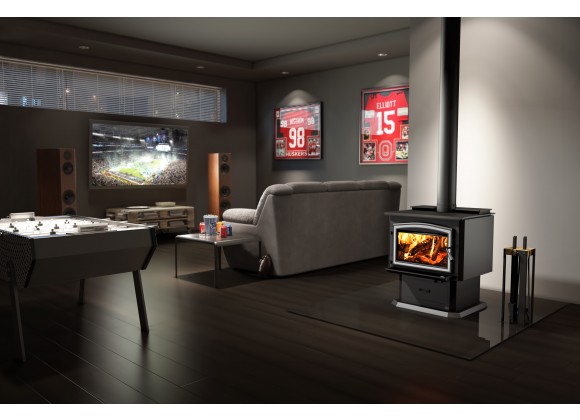 Osburn Stoves 3500 Wood Stove with Ash Pan Pedestal with Heat Activated Variable Speed Blower - Lifestyle 