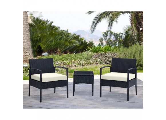 Manhattan Comfort Noli Steel Rattan 3-Piece Patio Conversation Set with Cushions in Cream