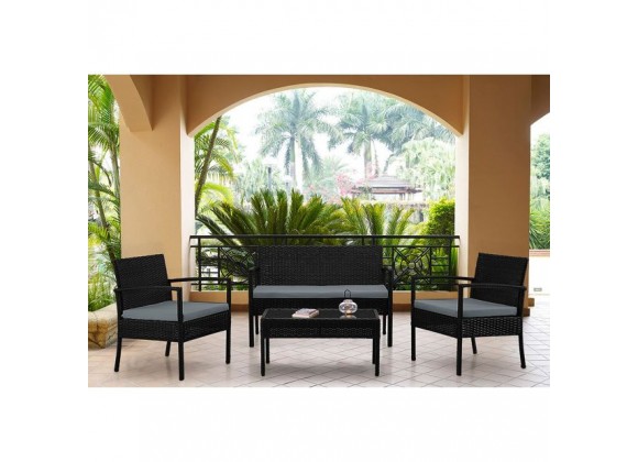 Manhattan Comfort Noli Steel Rattan 4-Piece Patio Conversation Set with Cushions in Grey