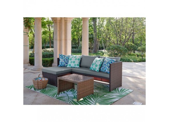 Manhattan Comfort Menton Steel Rattan 2-Piece Chair Lounge and 2 Seater with Coffee Table Patio Set in Grey