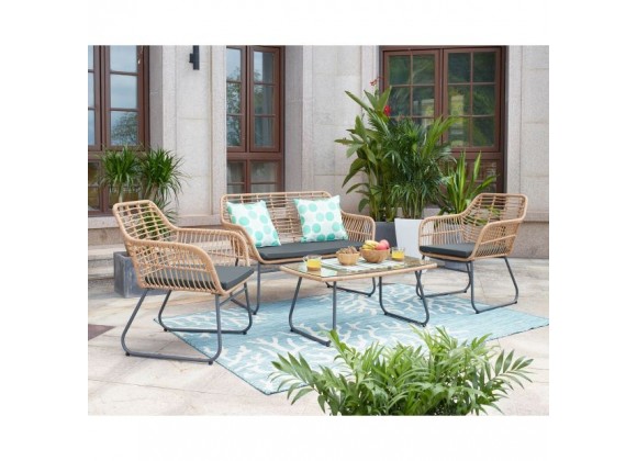 Manhattan Comfort Antibes 2.0 Steel Rattan 4-Piece Patio Conversation Set with Cushions in Grey