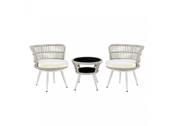 Manhattan Comfort Monaco Rope Wicker 3-Piece Patio Conversation Set with Cushions in Cream