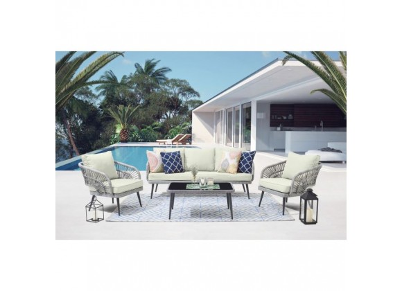 Manhattan Comfort Riviera Rope Wicker 4-Piece 5 Seater Patio Conversation Set with Cushions in Cream