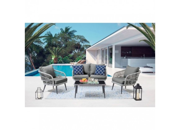 Manhattan Comfort Riviera Rope Wicker 4-Piece 4 Seater Patio Conversation Set with Cushions in Grey 