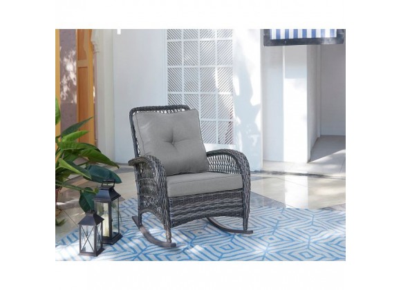Manhattan Comfort Furttuo Steel Rattan Outdoor Rocking Chair with Cushions in Grey