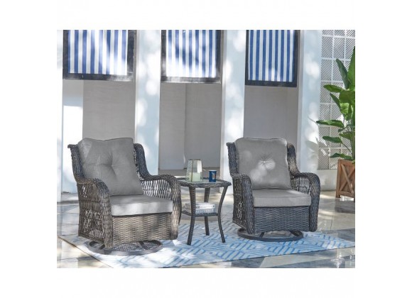 Manhattan Comfort Fruttuo Swivel Steel Rattan 3-Piece Patio Conversation Set with Cushions in Grey