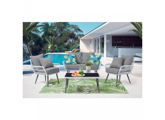 Manhattan Comfort Portofino Rope Wicker 4-Piece Patio Conversation Set with Cushions in Grey Loveseat